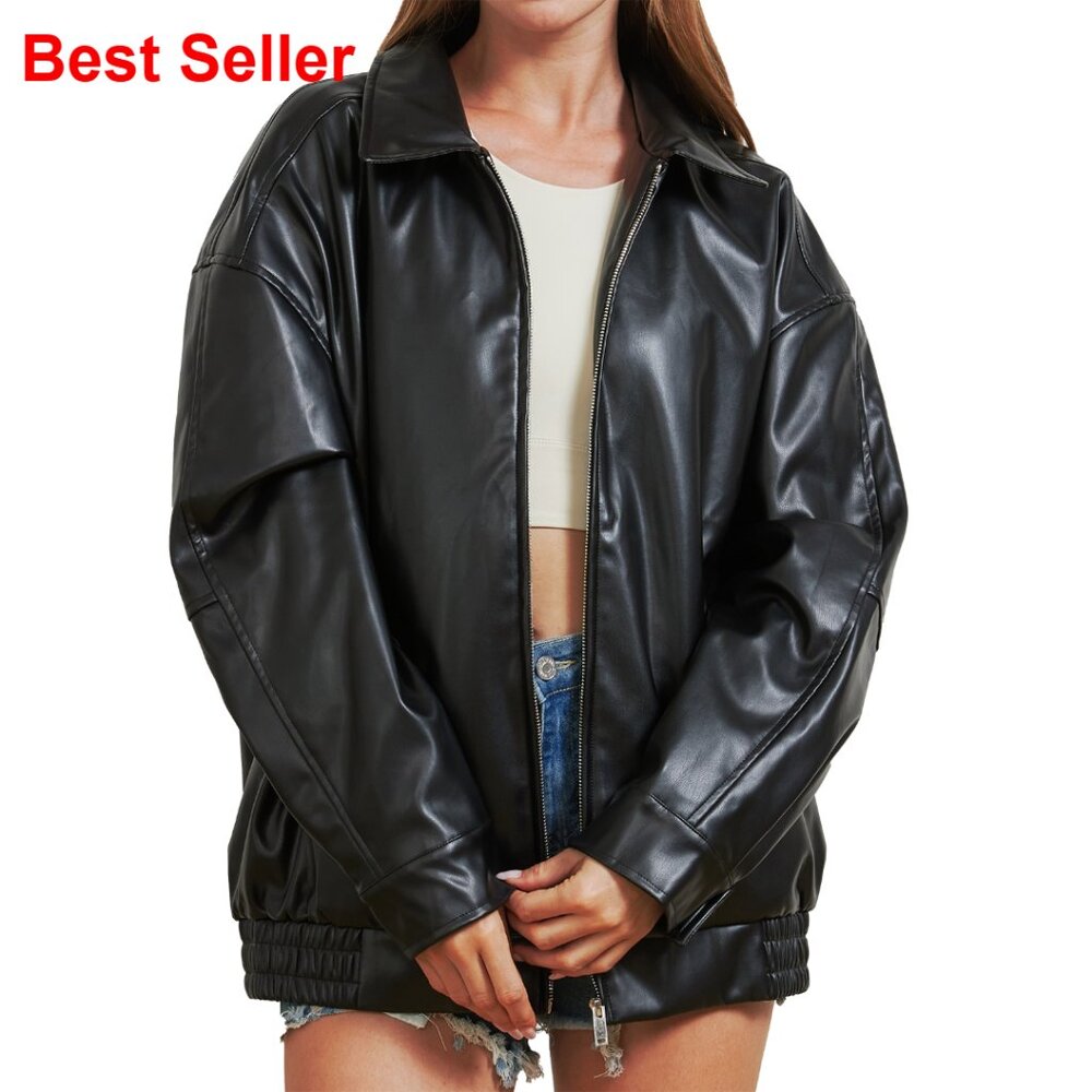 Oversized Faux Leather Jacket Women Motorcycle Coat Fall Winter - Picture 7 of 7